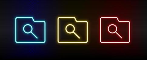 search, folder neon icon set. Set of red, blue, yellow neon vector icon on dark transparent background