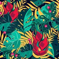 Tropical leaves and dragon fruit botanical pattern vector