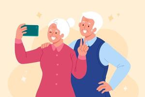 Elder taking selfie with her spouse. Flat illustration of the elderly woman using a smartphone to take self-portrait vector