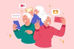 Tech-savvy elders using phones. Flat illustration of old people enjoying sending messages, taking photos and video calling on smartphones vector