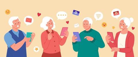 experto en tecnología ancianos utilizando Los telefonos. plano ilustración de antiguo personas disfrutando enviando mensajes, tomando fotos y recepción correos electrónicos en teléfonos inteligentes vector