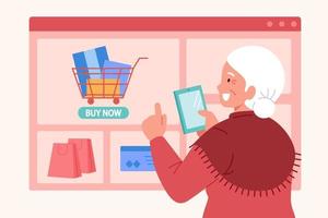 Elder shopping at online store. Flat illustration of elderly woman making purchase with digital devices vector