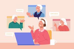 Elder having group video call. Flat illustration of elderly woman have online meeting with multiple people vector