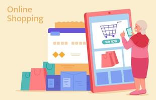 Elder shopping online on mobile APP. Flat illustration of an elderly woman browsing mobile phone to make purchase in an online store vector