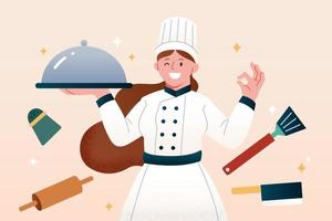 Happy woman chef in uniform holding dish with cooking tools around her, flat illustration. vector