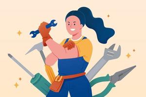 plano ilustración de un mujer mecánico participación un llave. hembra personal de mantenimiento con diferente herramientas en el atrás. vector