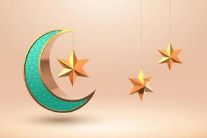 3d illustration of a turquoise crescent moon with arabesque pattern and stars ornament, design elements for islamic holiday