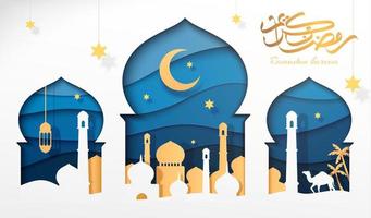 grandioso mezquita puerta o ventana revelar el debajo Armada color antecedentes con Luna. Arábica caligrafía traducción, Ramadán Kareem, islámico fiesta saludo tarjeta vector