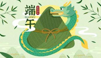 Chinese dragon surrounds an giant zongzi. Designed in flat on green background. Dragon Boat Festival and the fifth of May written in Chinese vector