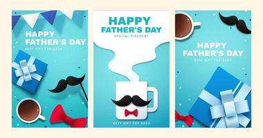Collection of Father's day sale background. Paper cut layout design with gift boxes, mustache, and coffee mug. vector