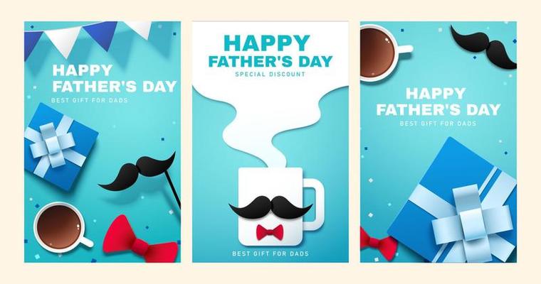 Collection of Father's day sale background. Paper cut layout design with gift boxes, mustache, and coffee mug.