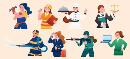 Female in diverse professions. Character illustrations of technician, construction worker, chef, lawyer, firefighter, pilot, soldier and businesswoman. vector