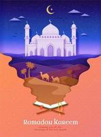 The holy book of Quran on a stand reflects mosque at sand dunes under a illuminating crescent on a starry night. Papercut style greeting poster for Islamic holiday vector