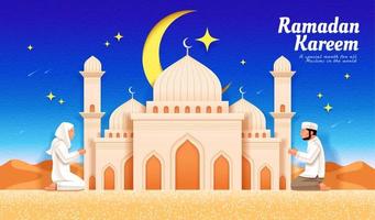 Ramadan or Islamic holiday celebration banner. Young people praying salat in front of beautiful mosque at dawn with desert landscape in the background.