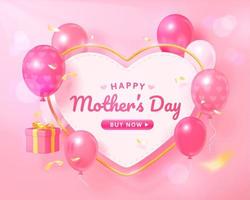 3d Mother's Day or Valentine's Day background. Heart shape greeting card decorated with golden frame and pink balloons. Suitable for web page or promo event. vector