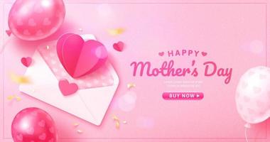 3d Mother's Day or Valentine's Day banner template. Top view of an envelope and balloons set on table. Concept of love letter. Suitable for web page and event promo. vector