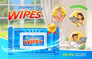 Disinfecting wet wipes ad in 3d illustration. Layout design with cute family symbols and blurry home scene background. Safe for everyday use concept. vector