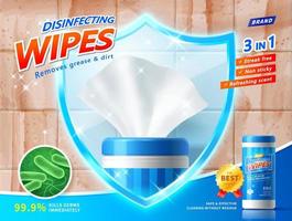 3d illustration of disinfecting wipes ad template. Wet wipe mock up framed by blue shield to protect against harmful microbes and dirty grease. vector