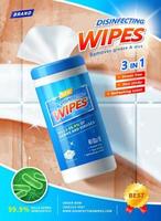 3d illustration of disinfecting wipes ad poster template. Wet wipes canister mock up over dirty ceramic tiles. Concept of before and after cleaning comparison. vector