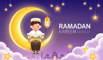 Celebration banner for Ramadan or Islamic holidays. Happy Muslim boy reading Quran and sitting on crescent moon with hanging star decorations. vector
