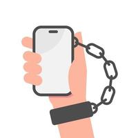 hand chained to smartphone, nomophobia no mobile phone phobia, gadget or internet addiction concept illustration flat design vector