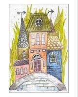 Watercolor drawing of fantastic, fabulous houses. A fairy-tale tree house and a magical village of housing, a children's fairy-tale playhouse. photo