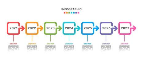 Timeline infographics design 7 squares with arrows. Vector illustration.