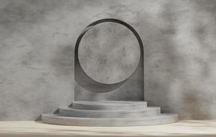 Geometric circle display stand showcases shadows of leaves on background, 3d rendering,3d illustration. photo