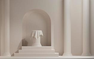 Ancient Greek style pillar podiums with cream white clothand door Classic pastel cream color background, 3d rendering,3d illustration. photo