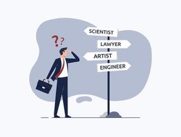 Making a decision for career path, career guidance and development, businessman standing at road direction signs, determination to pick the right choice in career vector