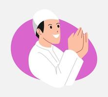 pequeño musulmán chico Orando manos. pequeño chico con musulmán gorra haciendo Duá. medio cuerpo. plano vector ilustración.
