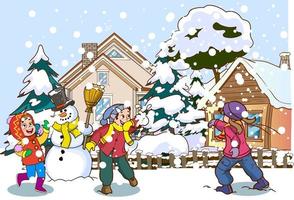 Kids play outside in the winter season. Cartoon style vector background. Happy children with  having fun while snowing in a park skating, skiing, making a snowman, playing snowball and sledding.