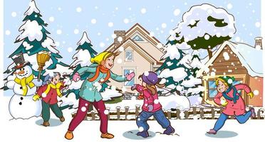 Kids play outside in the winter season. Cartoon style vector background. Happy children with  having fun while snowing in a park skating, skiing, making a snowman, playing snowball and sledding.