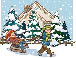 Kids play outside in the winter season. Cartoon style vector background. Happy children with  having fun while snowing in a park skating, skiing, making a snowman, playing snowball and sledding.