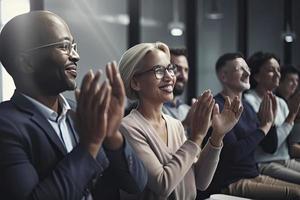 Cropped shot of an unrecognizable diverse group of businesspeople applauding while sitting photo