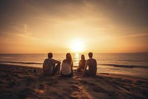 Group of five happy people sits on background of empty sunset beach. Travel or sea vacations concept photo