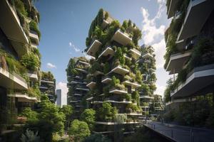 future smart cities, sustainable citys, sustainble highrises with lush planting photo