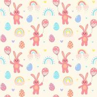 Seamless pattern with pink bunny with balloon full of daisies, boho rainbows, Easter eggs and hearts. vector