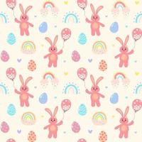 Seamless pattern with pink bunny with balloon full of daisies, boho rainbows, Easter eggs and hearts. vector