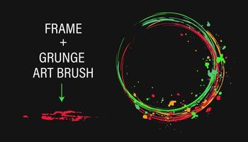 Set of design elements, circular frame, grunge art brush. Circle with copy spase, paint brush strokes, spattered paint of neon bright colors. Virtual abstract clip art vector