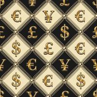 Staggered luxury vintage black and white pattern with gold chains, beads, shiny symbols of major world currencies. US dollar, euro, pound sterling, yen.
