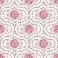 Seamless vintage damask pattern with with pale pink vintage roses, leaves, pearl strings, pearls beads. Classic background. Vector delicate illustration. Wedding, romantic decoration.