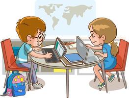 compañeros de clase sentado a mesa. contento niños niños sentado a laptops y aprendizaje programación durante colegio lección vector
