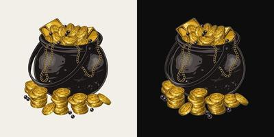 Cast iron pot full of gold coins, ingots, black pearls, golden chains in vintage style. Detailed vector illustration for Patricks day, treasure hunt, adventure.