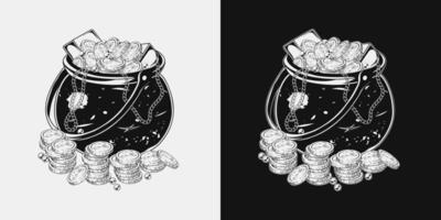Cast iron pot full of gold coins, ingots, pearls, chains in vintage style. Detailed monochrome vector illustration for Patricks day, treasure hunt, adventure.