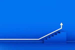 White arrow up with blue stair on blue metal wall, 3D arrow climbing up over a staircase , 3d stairs with arrow going upward, 3d rendering photo