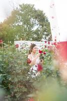 Young Asian woman wearing a white dress poses with a rose in rose garden photo