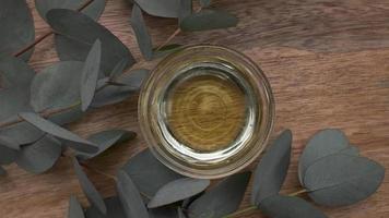 Schüssel mit Öl von Eukalyptus mit Blätter Drehung auf ein hölzern Hintergrund. video