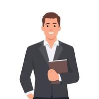 Standing businessman hold clipboard. Manager with hand in pocket vector