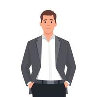 Businessman standing with hands in pockets. Abstract geometric vector illustration, front view